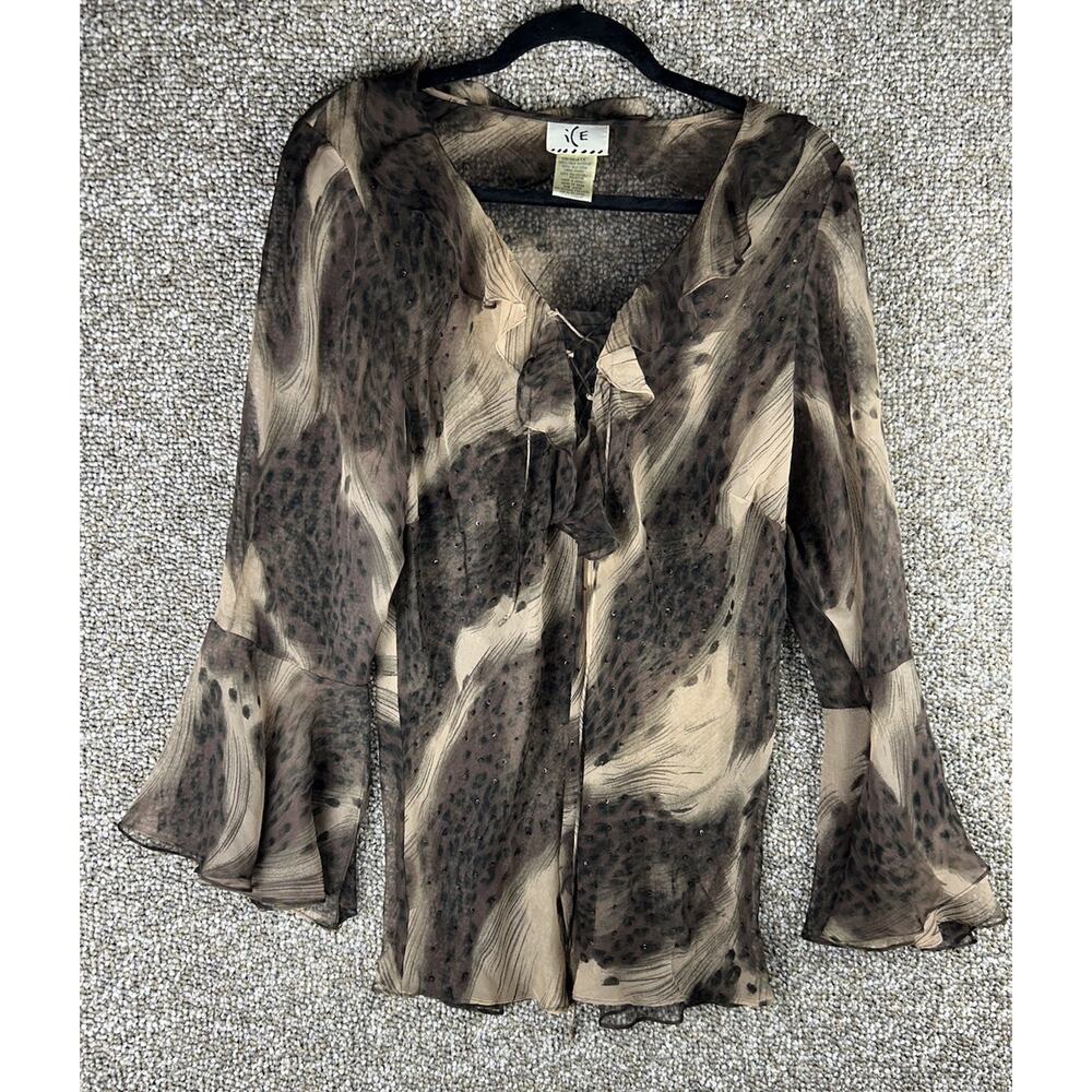 Ice Vtg 90s Silk Blouse 1X Beaded Ruffle Animal Print Whimsigoth Mob Fairy Sheer